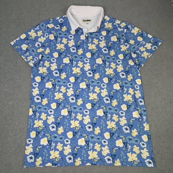 Tipsy Elves Toucan Floral Blue Stretch Polo Shirt Men's Size 3X Golf Adventure - Picture 1 of 6
